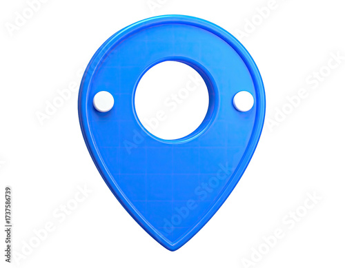 A 3D rendered, bright blue location pin with white accents on a black background