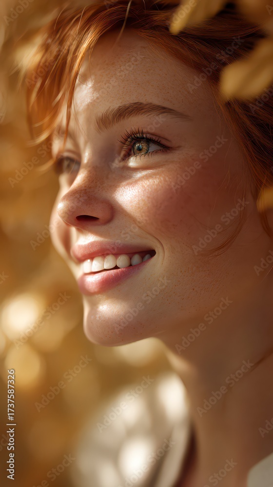 Fototapeta premium A stunning portrait of a smiling, ginger-haired woman, bathed in the warm glow of autumn, her eyes reflecting pure joy and contentment.