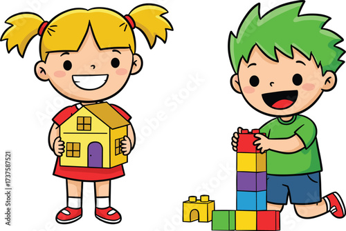 Children playing with colorful toys, happy kids building blocks, girl holding toy house, boy stacking tower, fun learning activity, preschool playtime