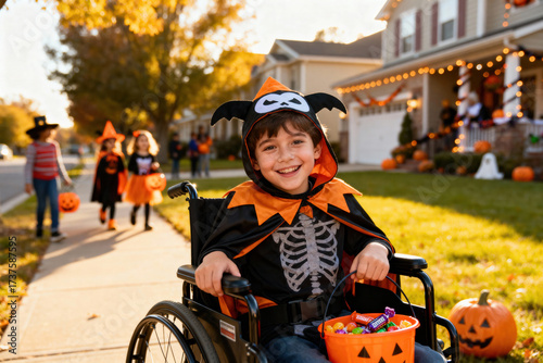 Young boy in wheelchair trick-or-treating for halloween in skeleton costume with friends