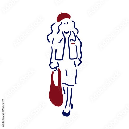 赤いベレー帽子をかぶった歩く女性のイラスト
