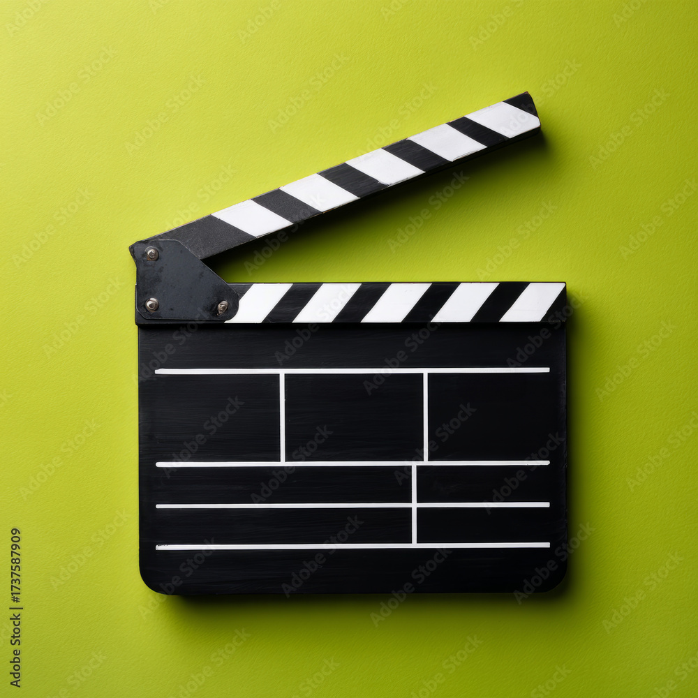 Obraz premium Clapperboard on a green background with space for text.