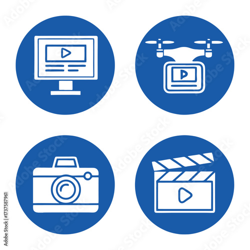 Digital media icons showing computer monitor drone camera and clapperboard for production 