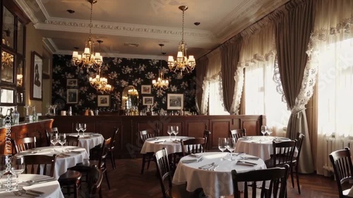 Elegant and classic interior of an empty fine dining restaurant with set tables, vintage chandeliers, and luxurious decor illuminated by natural light from the windows.