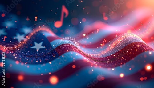 Patriotic American Flag Waving Glitter Music Notes Glowing Bokeh Lights
