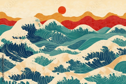 Abstract Japanese wave and sun artwork
