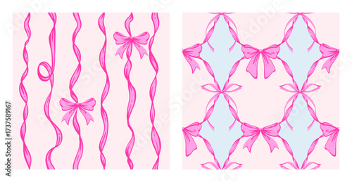 Ribbon Bow Coquette Seamless Pattern Set. Hand-Drawn Feminine Pink Backgrounds with Whimsical  Festive ribbons and bows. Romantic Design. Perfect for a Lovely and Valentines Day Backdrop