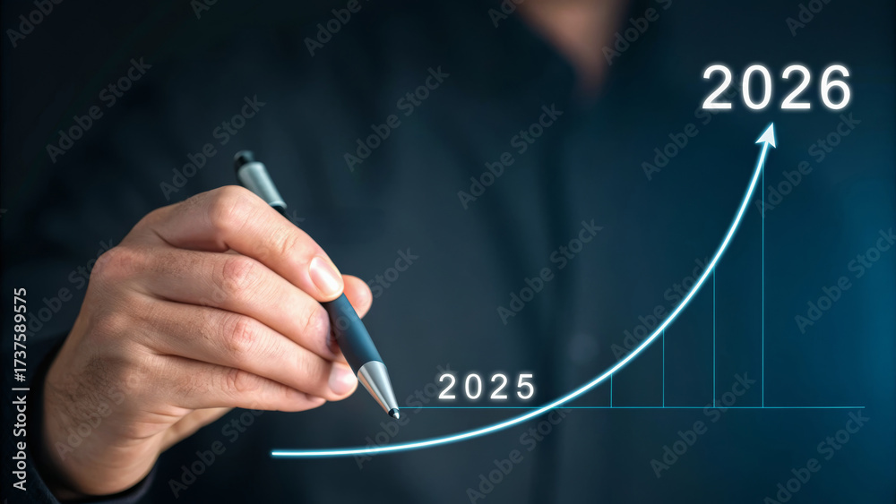Fototapeta premium 2025 end review new growth projection chart 2026 rising arrow business forecast optimistic planning