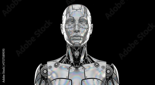Portrait of a Lifelike Android with an Iridescent Finish