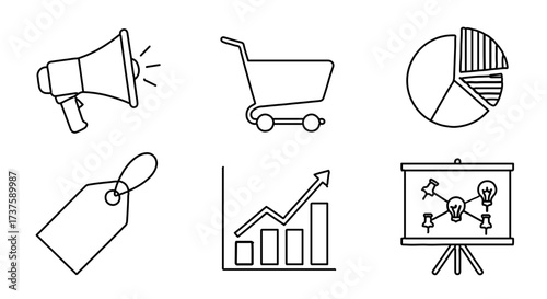 Six line art icons representing marketing and business concepts: megaphone, shopping cart, pie chart, price tag, bar graph with arrow, and presentation board.