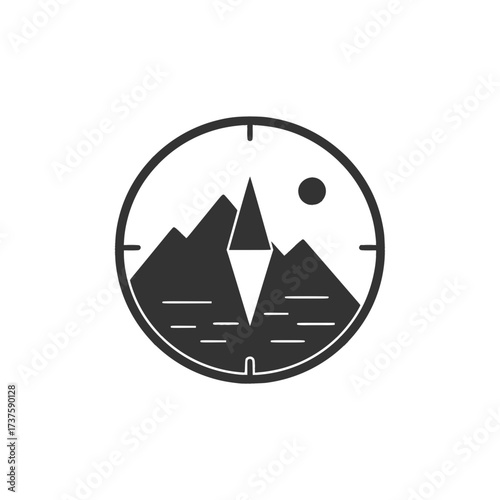 Minimal vector compass icon with mountains and sun, black travel navigation symbol isolated on white background