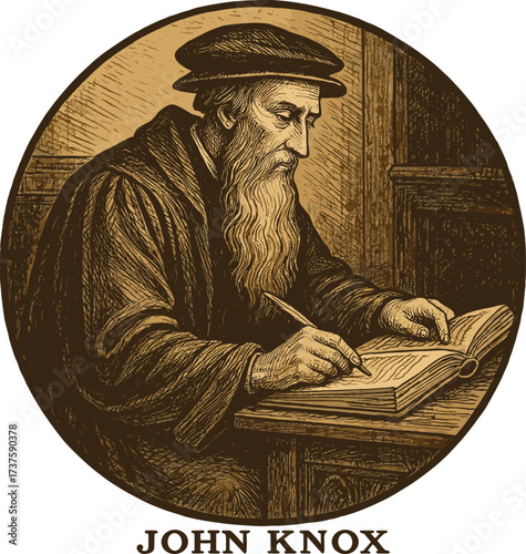 Happy Reformation Day vector illustration. Portrait of John Knox writing in a book at his desk. Scottish Reformation. Vintage medieval engraving style for religious and historical designs