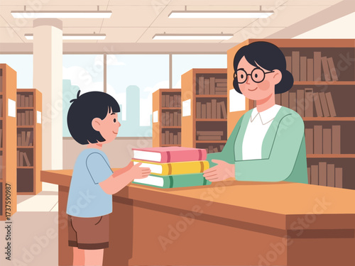 Child Returns Books to Librarian at Library Counter A Scene of Literacy and Learning