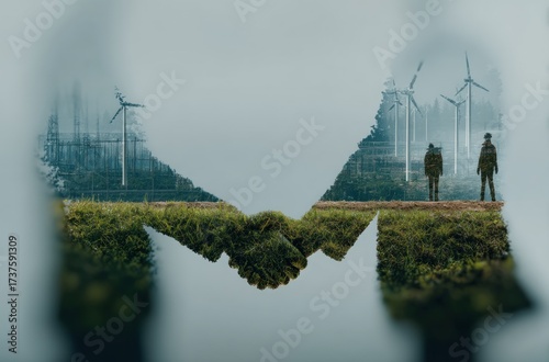 Double exposure image of handshake silhouette with grassy texture and wind turbines, symbolizing green energy partnership and sustainability Generative AI