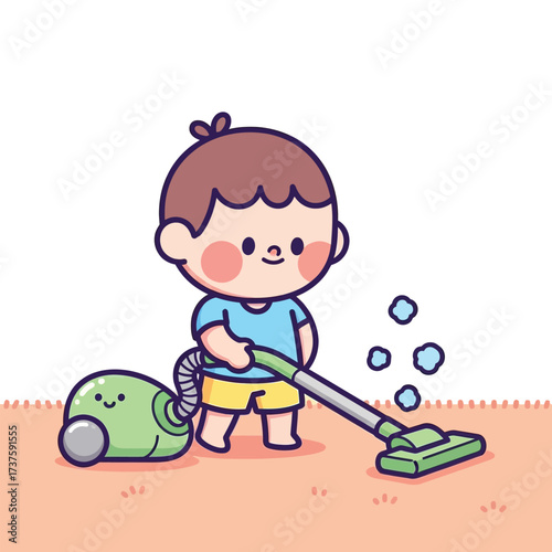 Cartoon Boy Vacuuming with a Smiling Vacuum Cleaner, Cleaning Up Messes