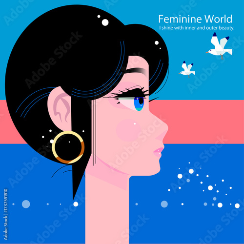 海を見る女性と空にに鴎が飛んでいる
