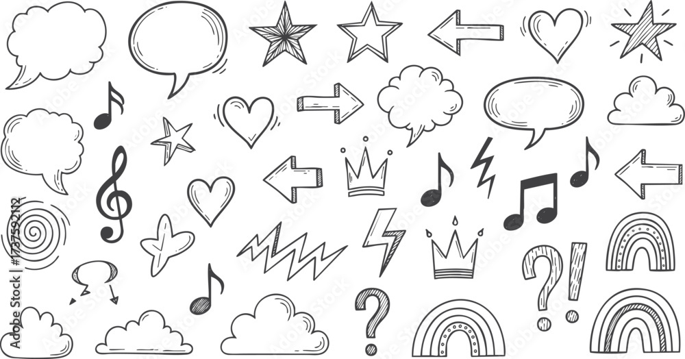 Fototapeta premium Whimsical Hand-Drawn Doodle Icon Set Speech Bubbles, Stars, Arrows, and More vector file