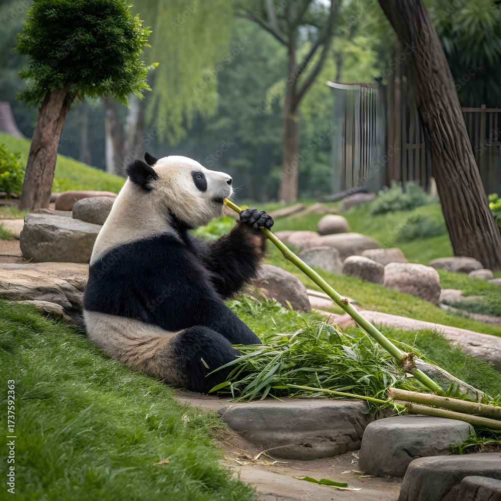 Obraz premium panda sitting and eating bamboo in zoo habitat