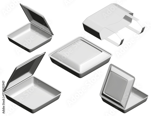 Polygonal food containers with glossy finish feature secure latches and carrying handles. These rectangular boxes are ideal for meal storage and transport.