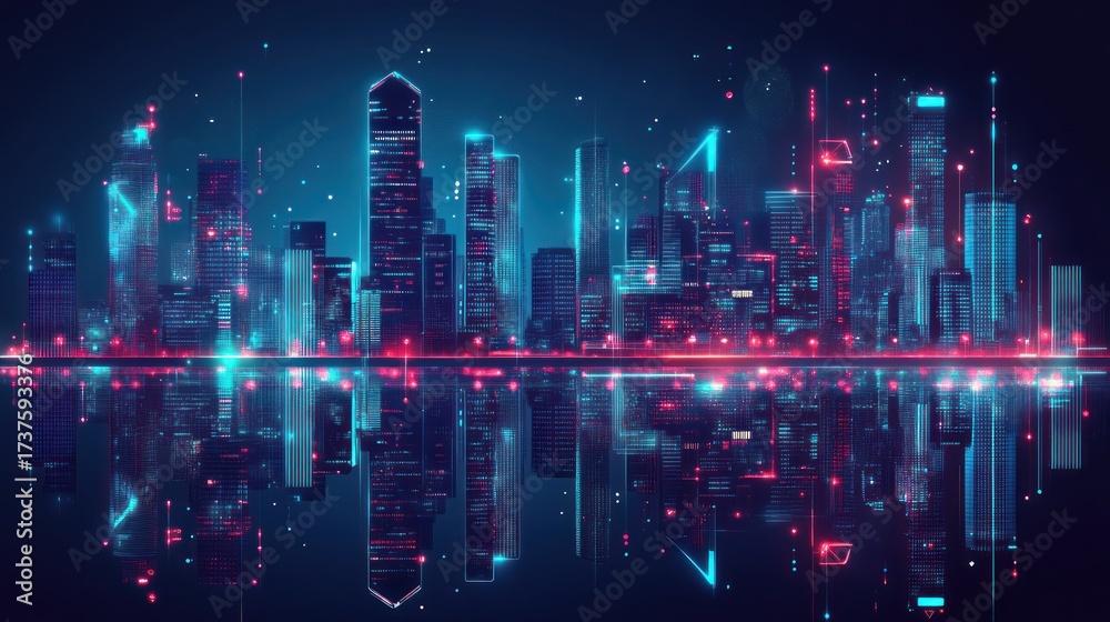 Fototapeta premium Futuristic city skyline with vibrant neon lights reflecting on water