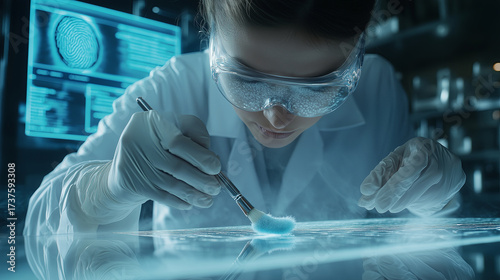 A forensic scientist analyzing fingerprints on a glass surface using forensic powder and a special brush, wearing protective gloves and a white lab coat
