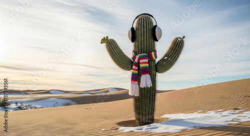 Playful winter scene of a cactus in bright scarf and earmuffs stands among snowy sand dunes, blending winter cheer with desert humor for Christmas vibes.