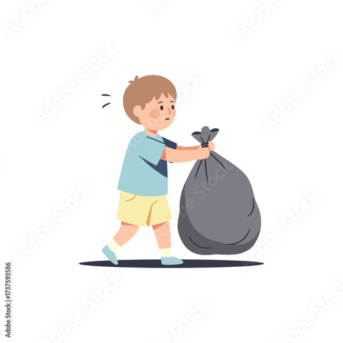 Little Boy Helping with Chores Carrying a Heavy Trash Bag