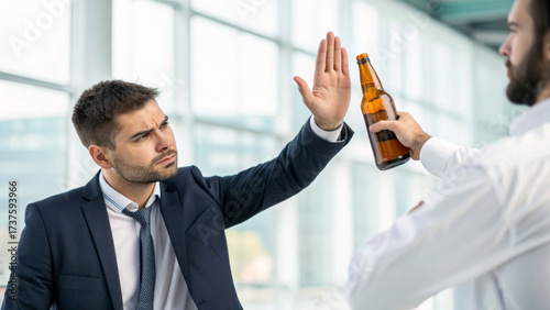 Sober no alcohol party man refusing bottle at workplace party colleagues office conflict calm assertive