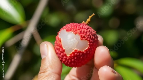 Close-up Macro Shot of a Hand Holding a Ripe Lychee Fruit with a Bite Taken Out, Revealing Juicy White Flesh Against a Blurred Green Background