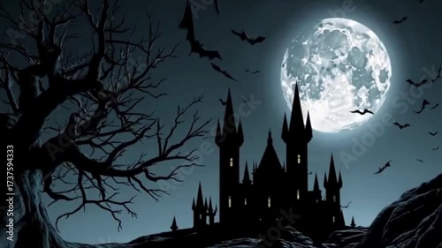 Spooky Halloween animation of a haunted gothic castle silhouetted against a full moon with bats flying in a dark, scary night forest.