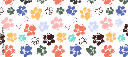 Vector cartoon illustration of a colorful paw print and bones textile pattern design. Background for pet lovers, dog accessories, fabric prints and wallpapers