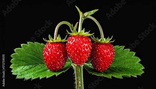 Three vibrant red wild strawberries with green leaves on a black background
