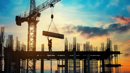 Silhouette of construction worker operating crane at sunset