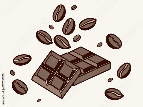Coffee beans. Dark roast coffee beans falling down. Chocolate and coffee beans flying. High quality photo
