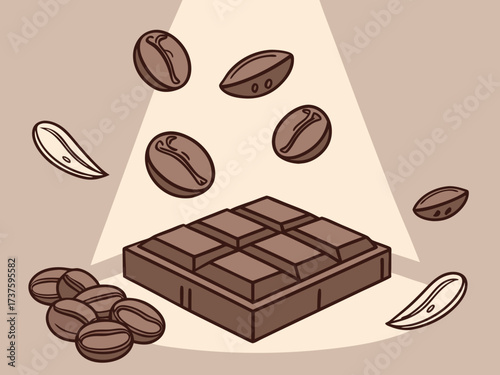 Coffee beans. Dark roast coffee beans falling down. Chocolate and coffee beans flying. High quality photo