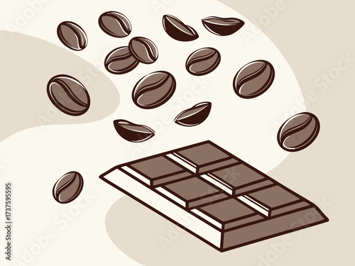 Coffee beans. Dark roast coffee beans falling down. Chocolate and coffee beans flying. High quality photo