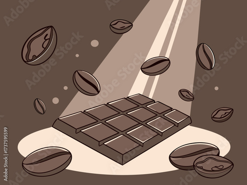 Coffee beans. Dark roast coffee beans falling down. Chocolate and coffee beans flying. High quality photo