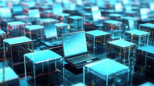 Abstract digital grid with transparent cubes and a laptop