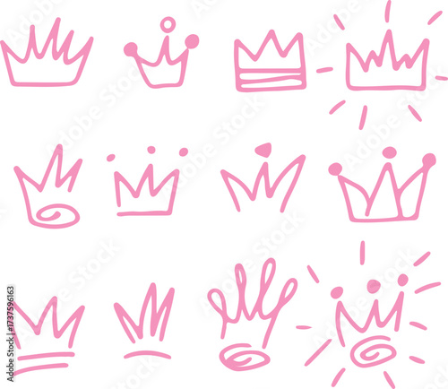 Doodle vector illustrations of hand-drawn crowns and royal tiaras in a sketch style. Drawn with pink curved lines in grunge style