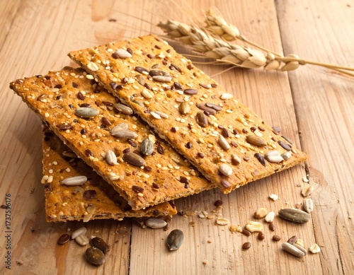 Three whole-grain crackers, topped with seeds, on a wooden table with wheat stalks