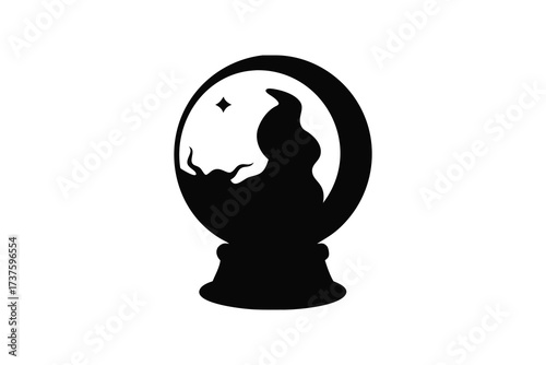 Mysterious witch silhouette gazing into a crystal ball revealing a starry night sky silhouette