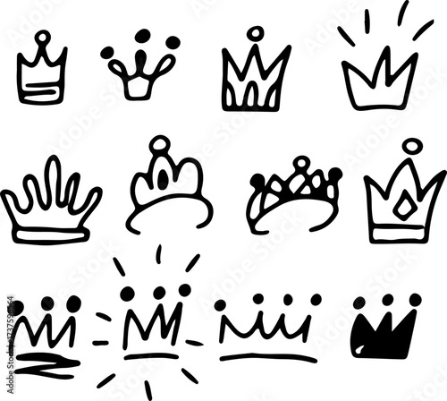 A collection of hand-drawn crowns and royal tiaras in doodle sketch style vector. Drawn with black curved lines in grunge style