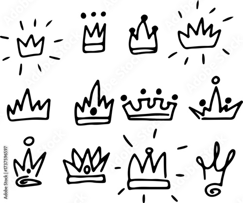 Hand-drawn crown set in sketch style. Doodle vector illustrations of royal tiaras and crowns. Drawn with black curved lines in grunge style