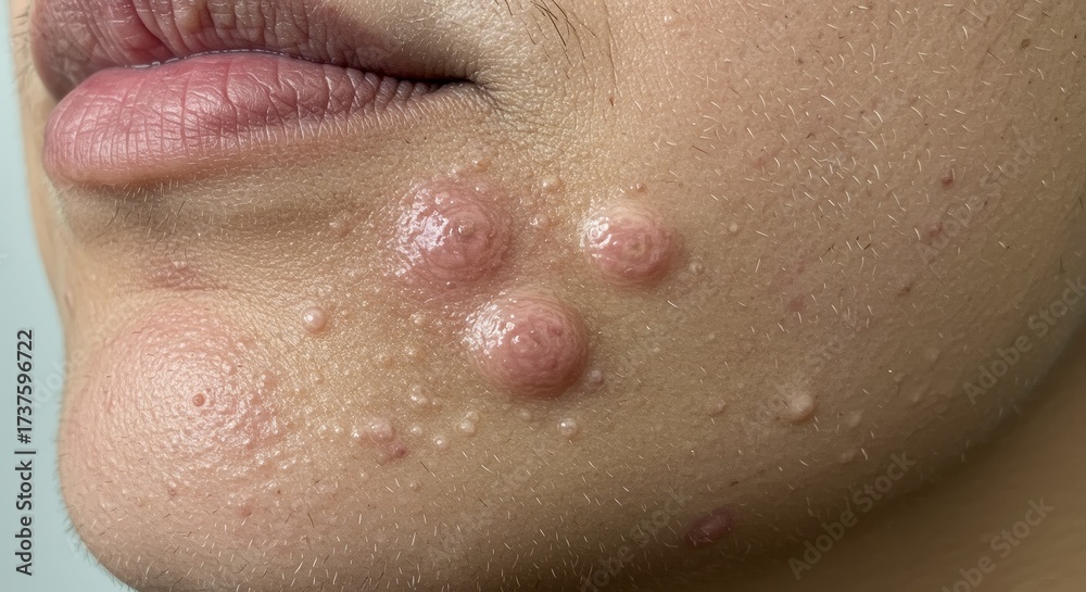 Fototapeta premium Close-up of acne on skin with soft focus showing blemishes on face 