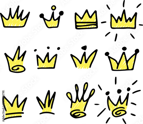 Vibrant cartoon icons of royal headgear: crowns, tiaras, diadems, and decals. Line art illustrations of crowns and monarchs. Drawn with black curved lines in grunge style