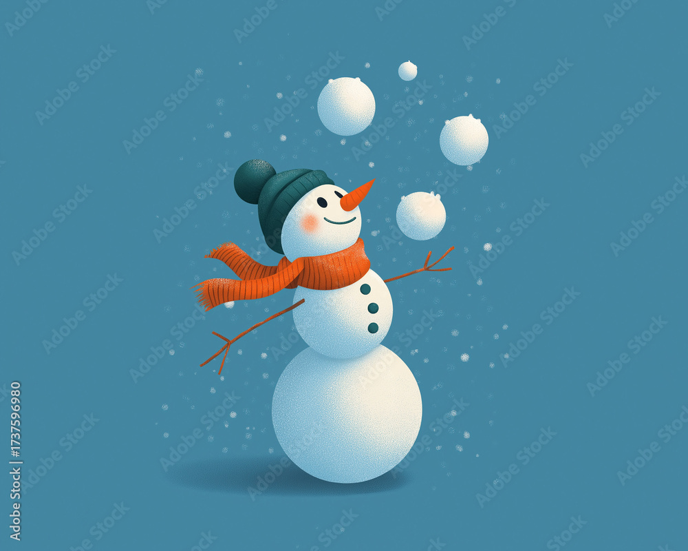 Fototapeta premium Cheerful snowman juggling snow balls illustration