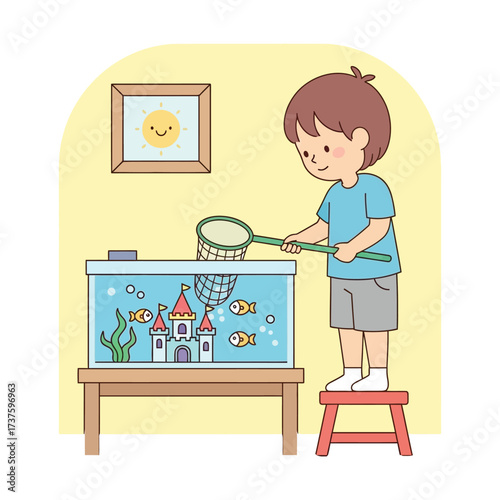 Young Boy with Net by Aquarium - Cartoon Illustration of Child with Fish Tank