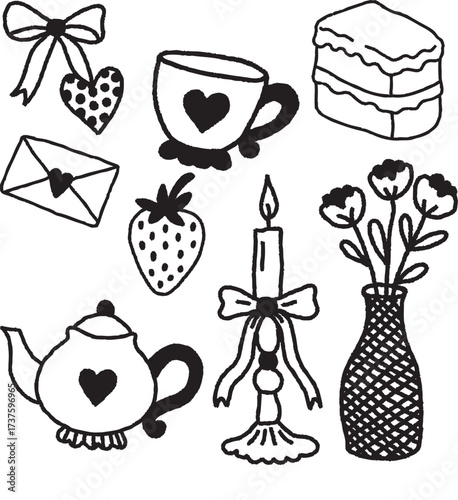 Romantic black and white clipart set, tea cup with heart, teapot illustration, vintage candle doodle, flower vase line art, strawberry sketch, love letter drawing, cute bow decoration, sweet cake outl