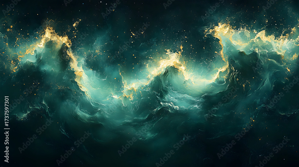 Fototapeta premium Mystical cosmic waves shimmer with golden energy in a dark interstellar abyss.