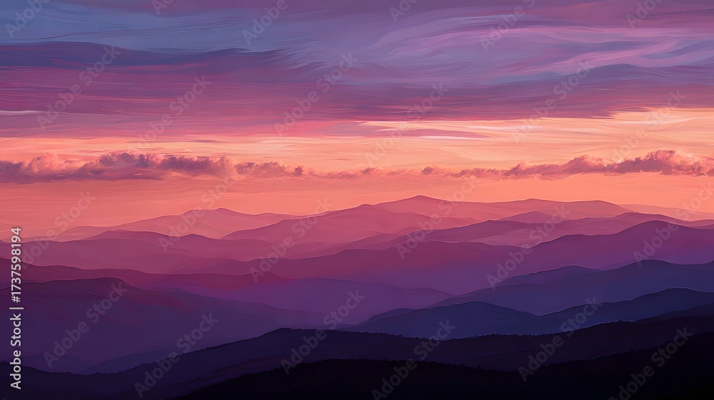 Obraz premium Layers of mountain ranges are rendered in vibrant shades of purple and violet under a beautiful sunset sky, showcasing stunning colors across the horizon.